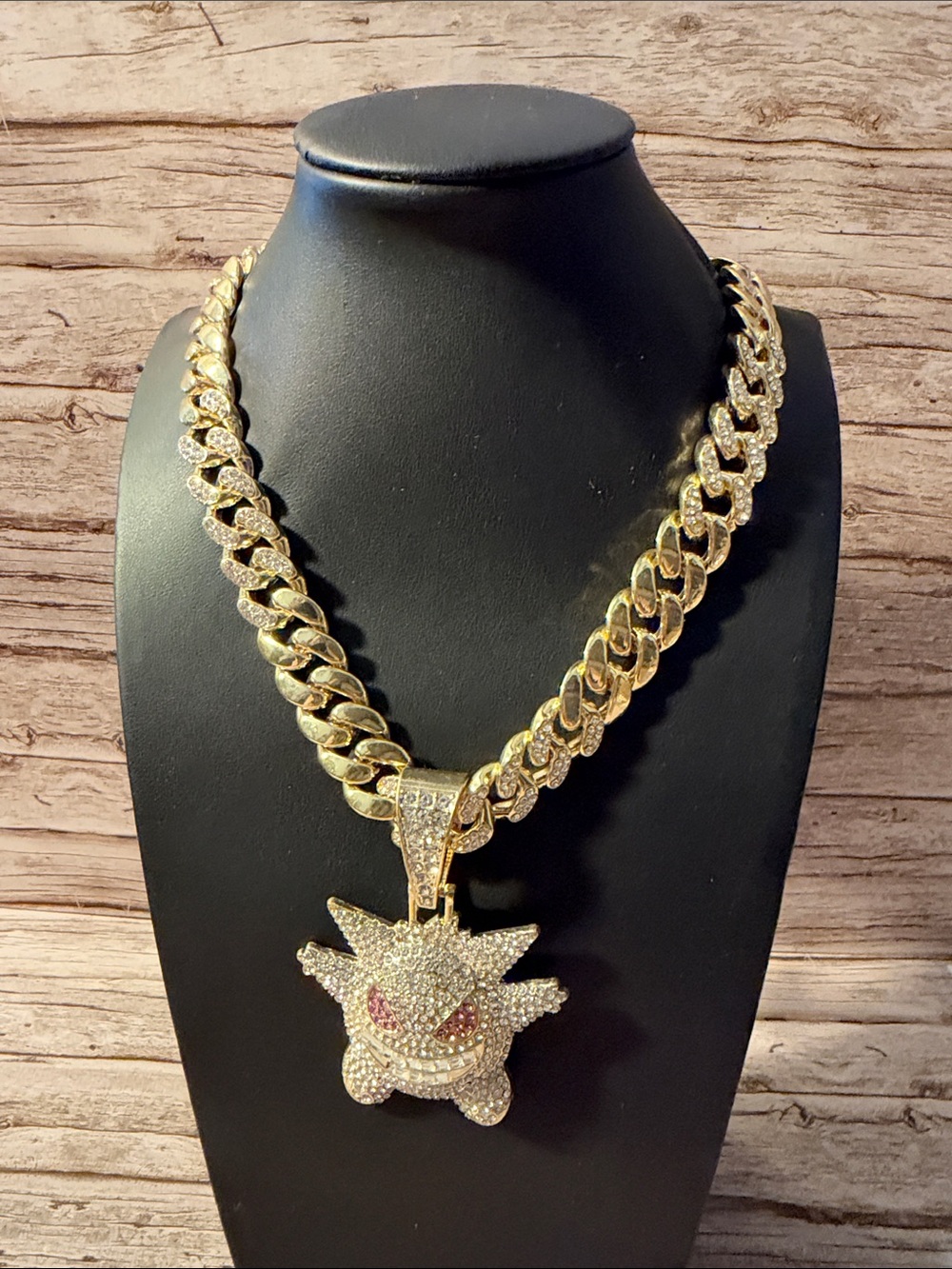 Iced Out Gold Plated Crystal & Gengar Pendant Cuban Chain Necklace Paved Clasp